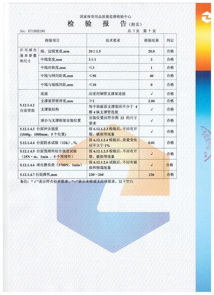 室外乒乓球臺檢驗(yàn)報(bào)告